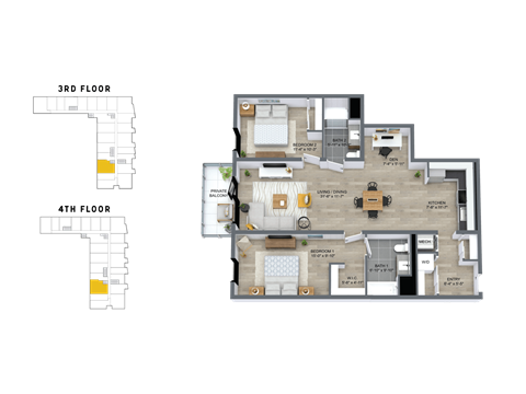 Floor plan for 2 beds, 2 baths, 1222 sqft